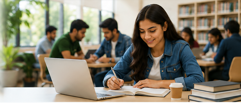 Students using books and digital learning resources in a modern library